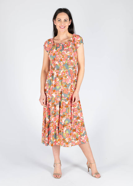 GATHERED NECKLINE PRINTED DRESS CAP SLEEVE