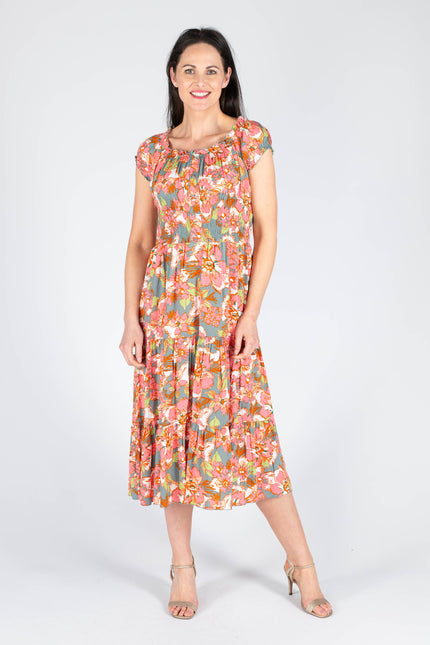GATHERED NECKLINE PRINTED DRESS CAP SLEEVE