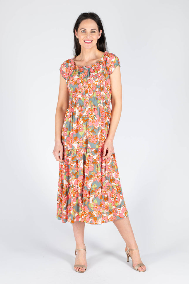 GATHERED NECKLINE PRINTED DRESS CAP SLEEVE