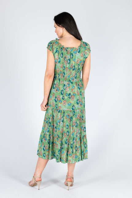 GREEN FLORAL PRINT GATHERED NECKLINE DRESS CAP SLEEVE
