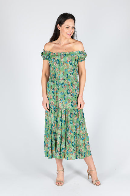 GREEN FLORAL PRINT GATHERED NECKLINE DRESS CAP SLEEVE
