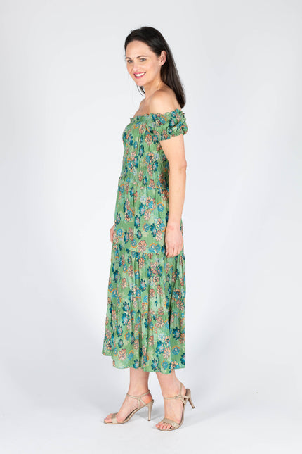 GREEN FLORAL PRINT GATHERED NECKLINE DRESS CAP SLEEVE