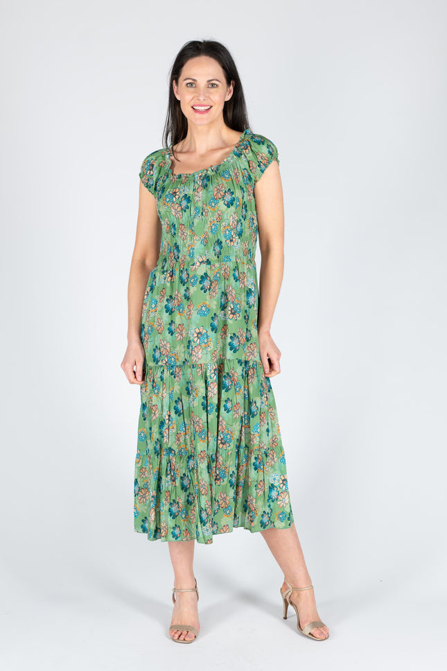GREEN FLORAL PRINT GATHERED NECKLINE DRESS CAP SLEEVE
