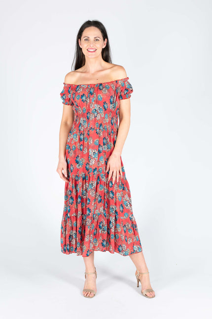 FLORAL PRINT GATHERED NECKLINE DRESS CAP SLEEVE