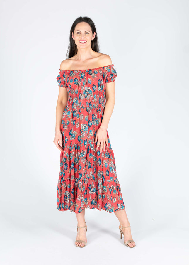 FLORAL PRINT GATHERED NECKLINE DRESS CAP SLEEVE