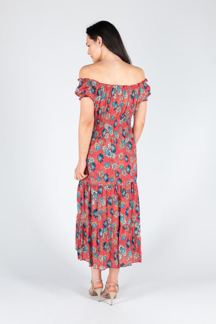 FLORAL PRINT GATHERED NECKLINE DRESS CAP SLEEVE