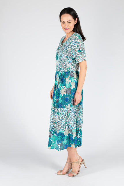 MINT PRINT PRINT DRESS ROUND NECK WITH SHORT SLEEVE