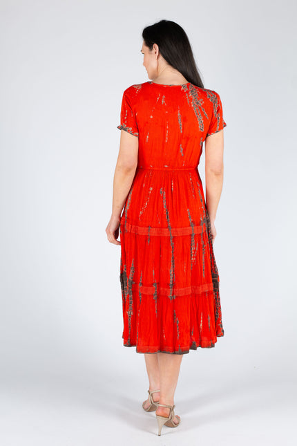 RED TIE DYE DRESS V NECK SHORT SLEEVE