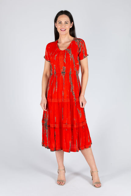 RED TIE DYE DRESS V NECK SHORT SLEEVE