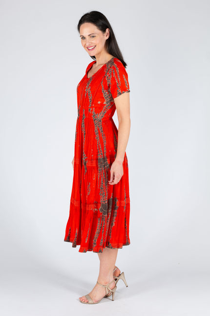 RED TIE DYE DRESS V NECK SHORT SLEEVE
