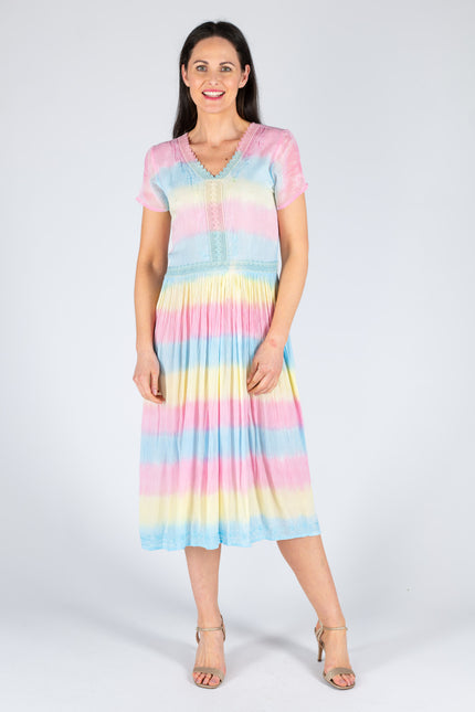 EMBROIDERY DRESS V NECK SHORT SLEEVE