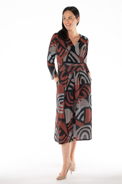 V-NECK CROSS OVER PRINTED DRESS LONG SLEEVE