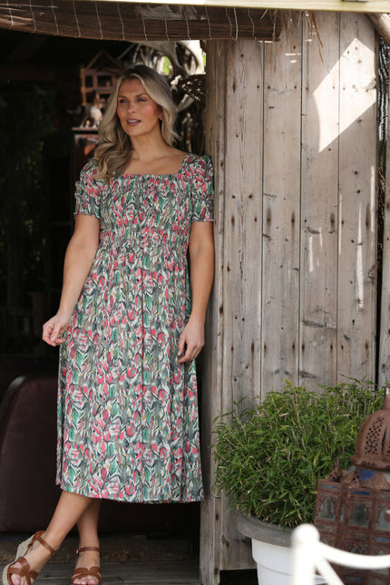 MULTI PRINT SQUARE NECK FLORAL PRINT CRINKLE DRESS