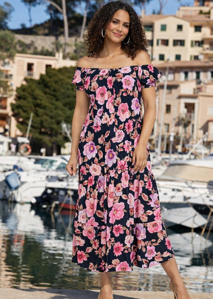 PRINTED GATHERED CAP SLEEVE DRESS