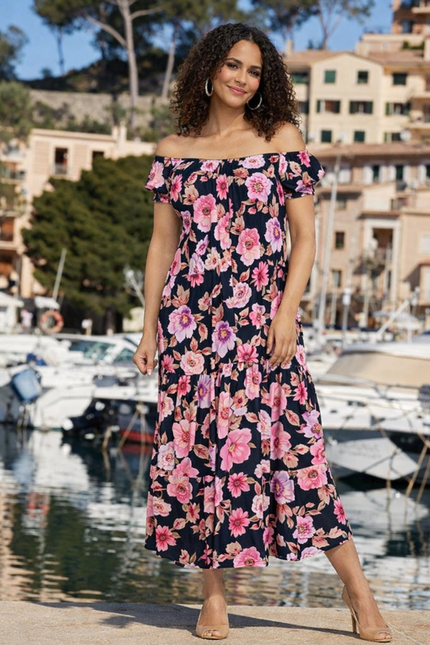 PRINTED GATHERED CAP SLEEVE DRESS