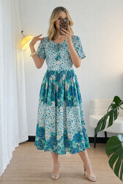 MINT PRINT PRINT DRESS ROUND NECK WITH SHORT SLEEVE