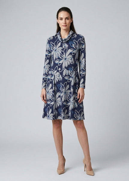 Dress flower print cowl neck long sleeve