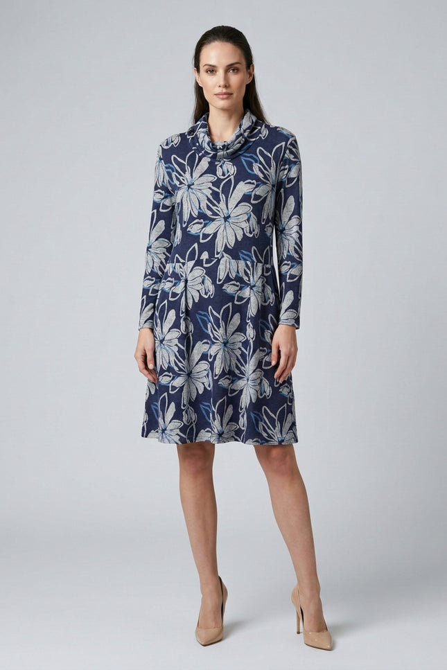 Dress flower print cowl neck long sleeve