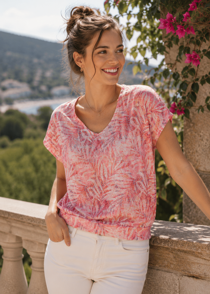 Top V neck short sleeve top print