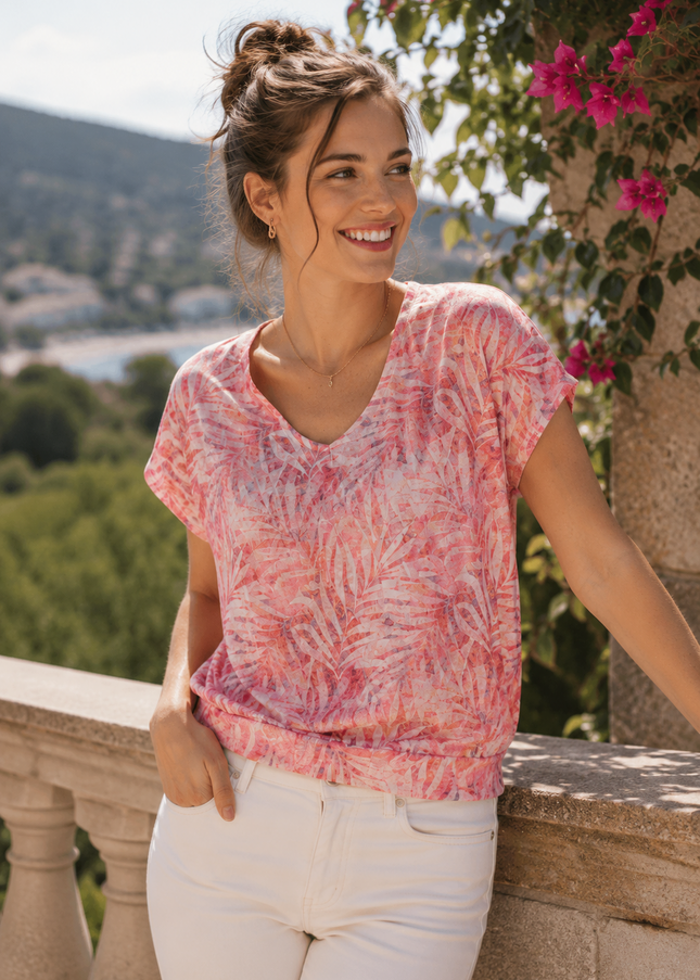 Top V neck short sleeve top print