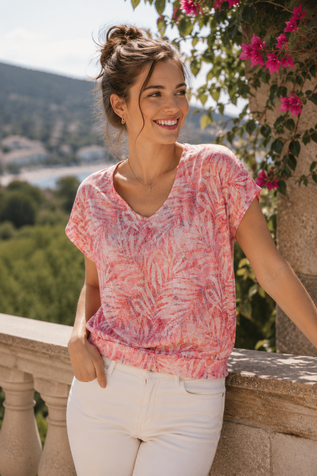 Top V neck short sleeve top print