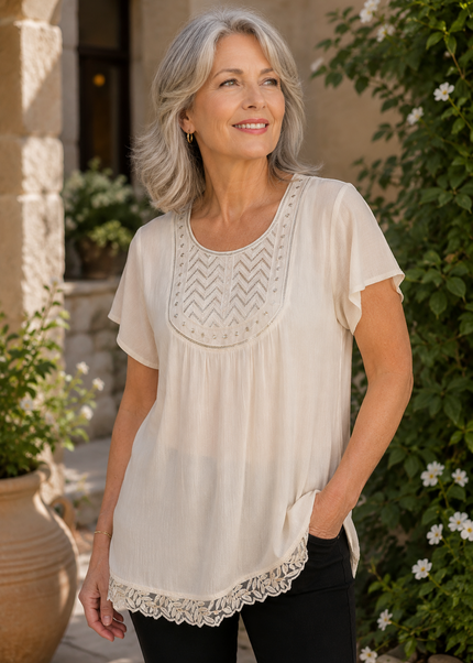 Top embroidered panel crinckle with short sleeve
