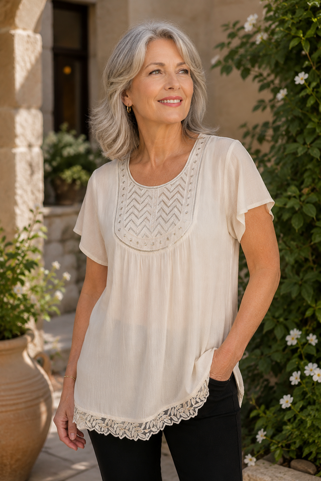 Top embroidered panel crinckle with short sleeve
