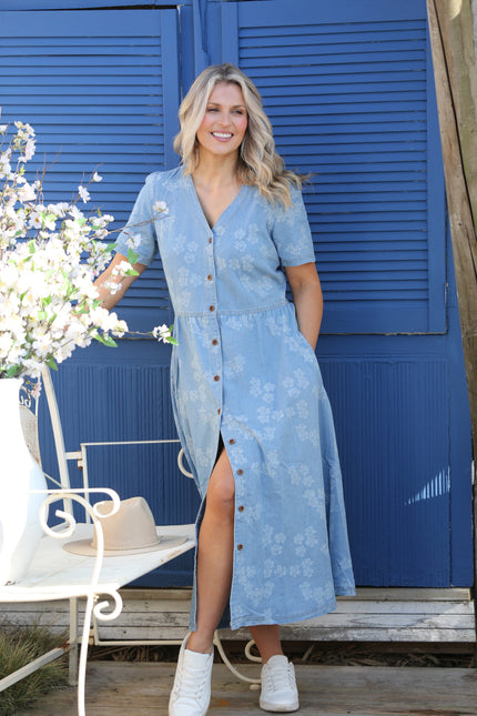 FLOWER EMB. BUTTON FRONT DENIM DRESS V-NECK