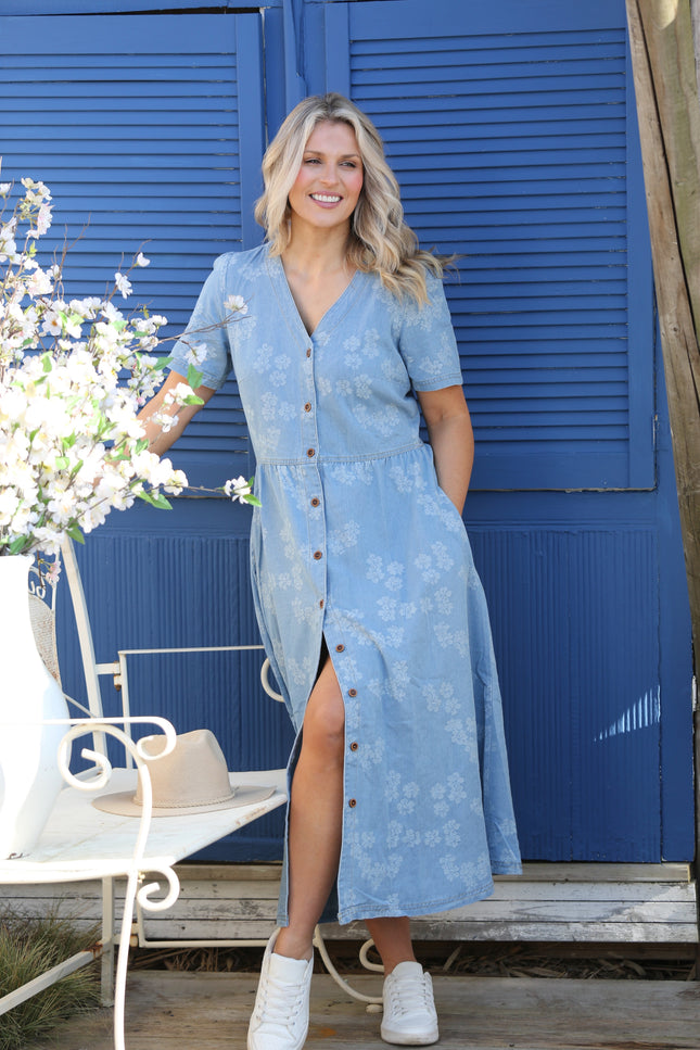 FLOWER EMB. BUTTON FRONT DENIM DRESS V-NECK