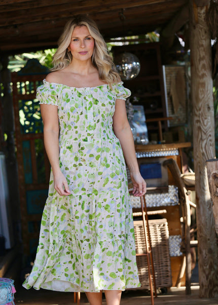 GREEN PRINTED GATHERED NECKLINE DRESS CAP SLEEVE