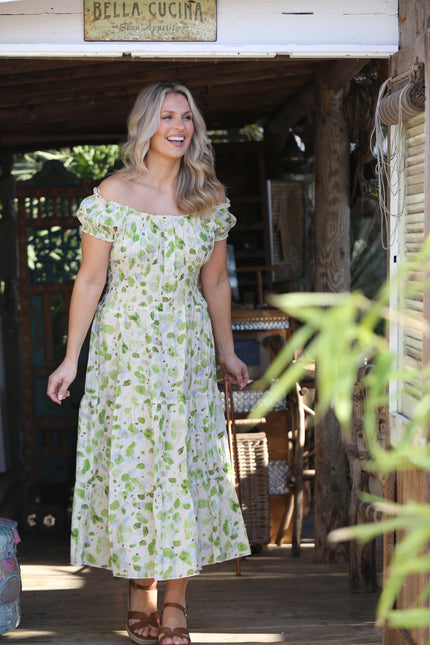 GREEN PRINTED GATHERED NECKLINE DRESS CAP SLEEVE