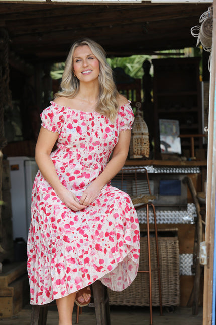 PINK PRINTED GATHERED NECKLINE DRESS CAP SLEEVE