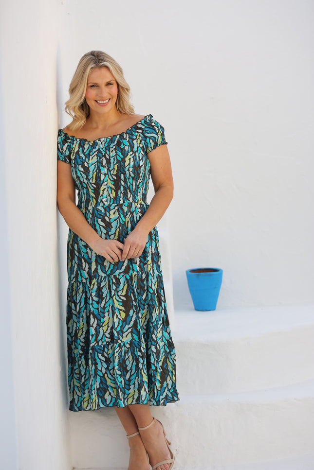 TEAL PRINTED GATHERED NECKLINE DRESS CAP SLEEVE