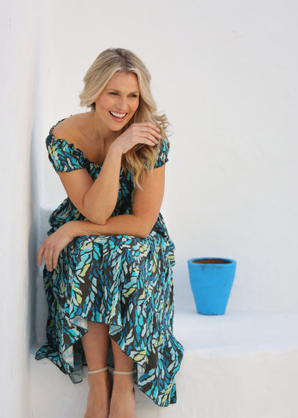 TEAL PRINTED GATHERED NECKLINE DRESS CAP SLEEVE