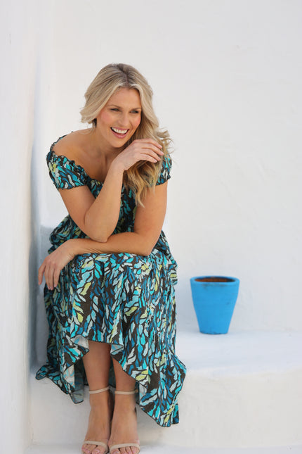 TEAL PRINTED GATHERED NECKLINE DRESS CAP SLEEVE