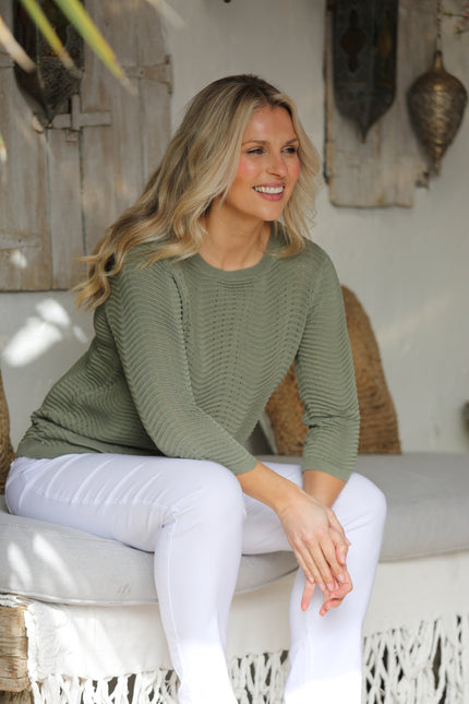 Olive Wavy Textured Jumper Round Neck & Short