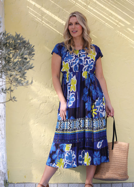 FLOWER BORDER PRINT DRESS WITH CAP SLEEVE