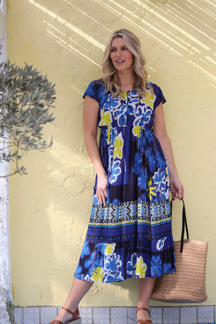 FLOWER BORDER PRINT DRESS WITH CAP SLEEVE