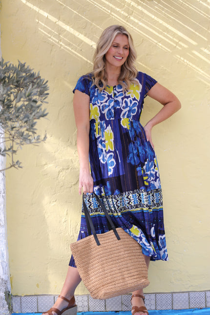 FLOWER BORDER PRINT DRESS WITH CAP SLEEVE