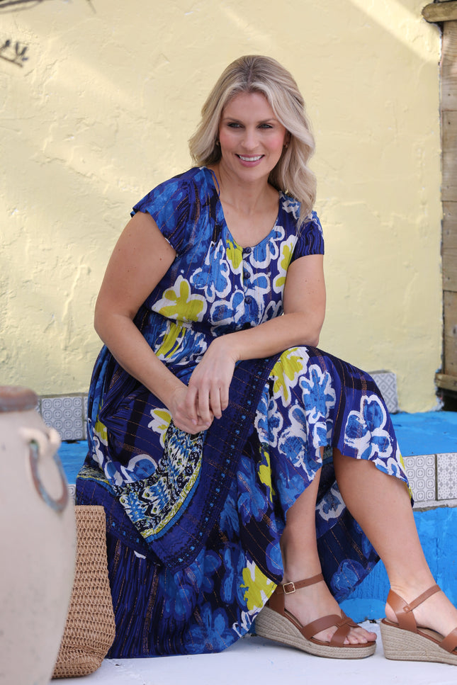 FLOWER BORDER PRINT DRESS WITH CAP SLEEVE