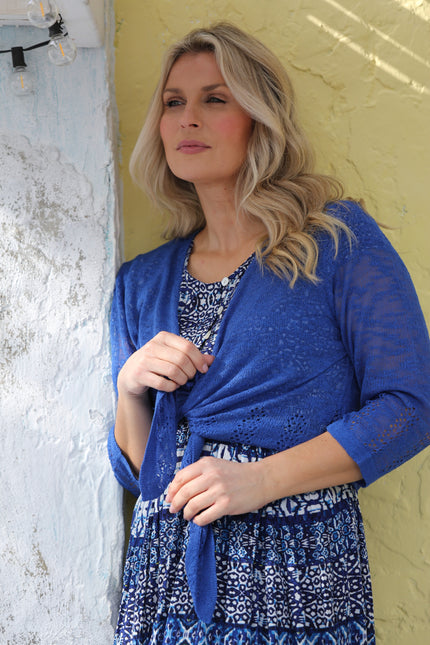 BORDER PRINT CAP SLEEVE DRESS & BUTTON