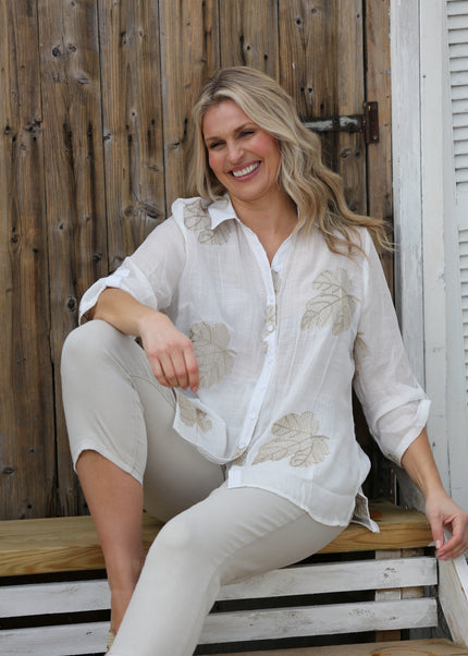 WHITE BEIGE BIG LEAF PRINT BLOUSE WITH 3/4 SLEEVE