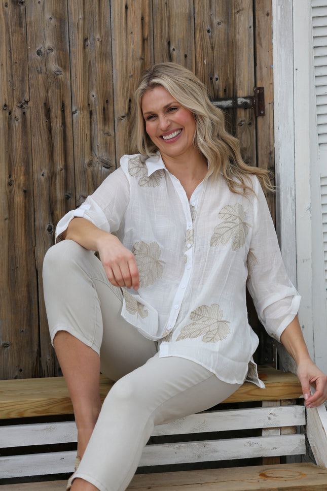 WHITE BEIGE BIG LEAF PRINT BLOUSE WITH 3/4 SLEEVE