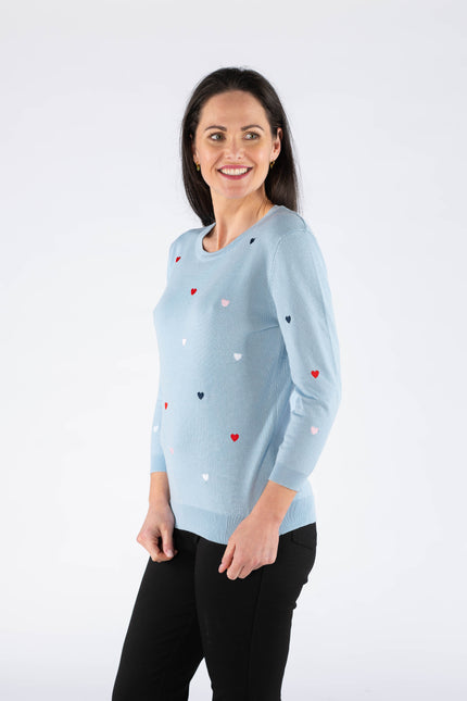 HEART EMBROIDERY 3/4 SLEEVE JUMPER AND ROUND NECK