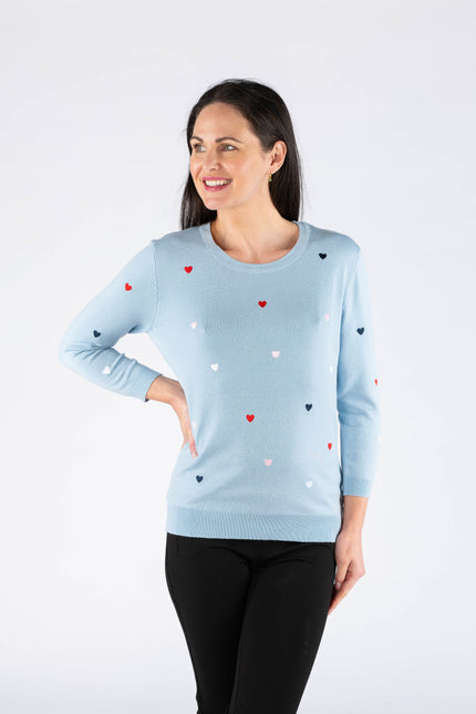 HEART EMBROIDERY 3/4 SLEEVE JUMPER AND ROUND NECK