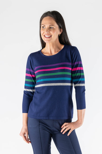 Jumper multi stripe round neck 3/4 sleeve