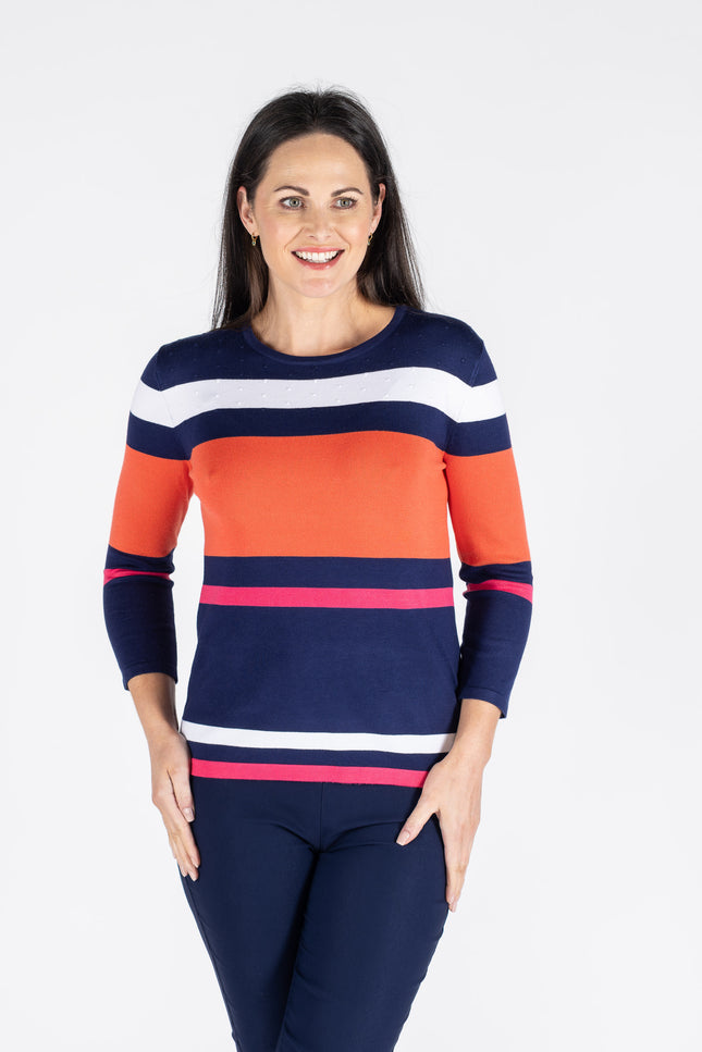 ROUND NECK 3/4 SLEEVE STRIPED JUMPER
