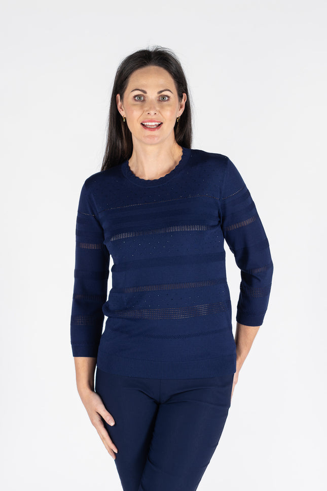NAVY TEXTURED JUMPER ROUND NECK WITH 3/4 SLEEVE