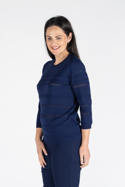 NAVY TEXTURED JUMPER ROUND NECK WITH 3/4 SLEEVE