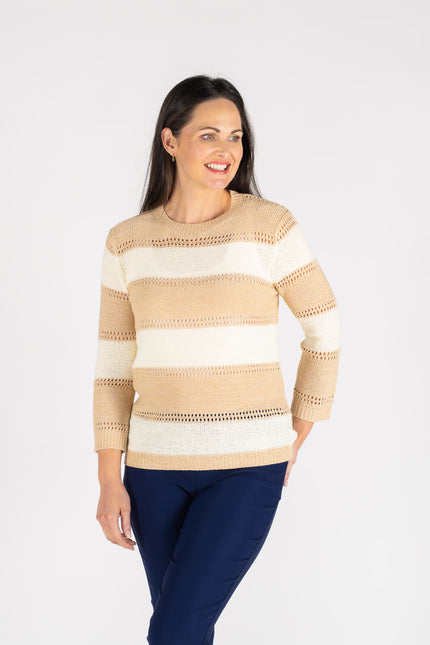 WIDE STRIPE ROUND NECK JUMPER 3/4 SLEEVE